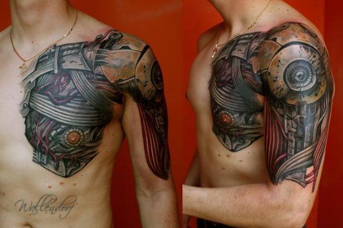pečių tatuiruotė, žmogus su biomechanine tatuiruotė ant viršutinės rankos ir krūtinės