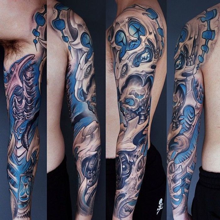 Tatuiruotės viršutinė rankena, didelė spalvota trimatis biomechaninis tatuiruotė