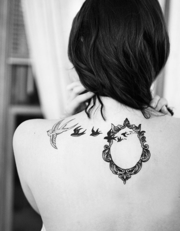 vacker tatuering motiv för tillbaka, svallar, speglar, många idéer för kvinnliga tatueringar