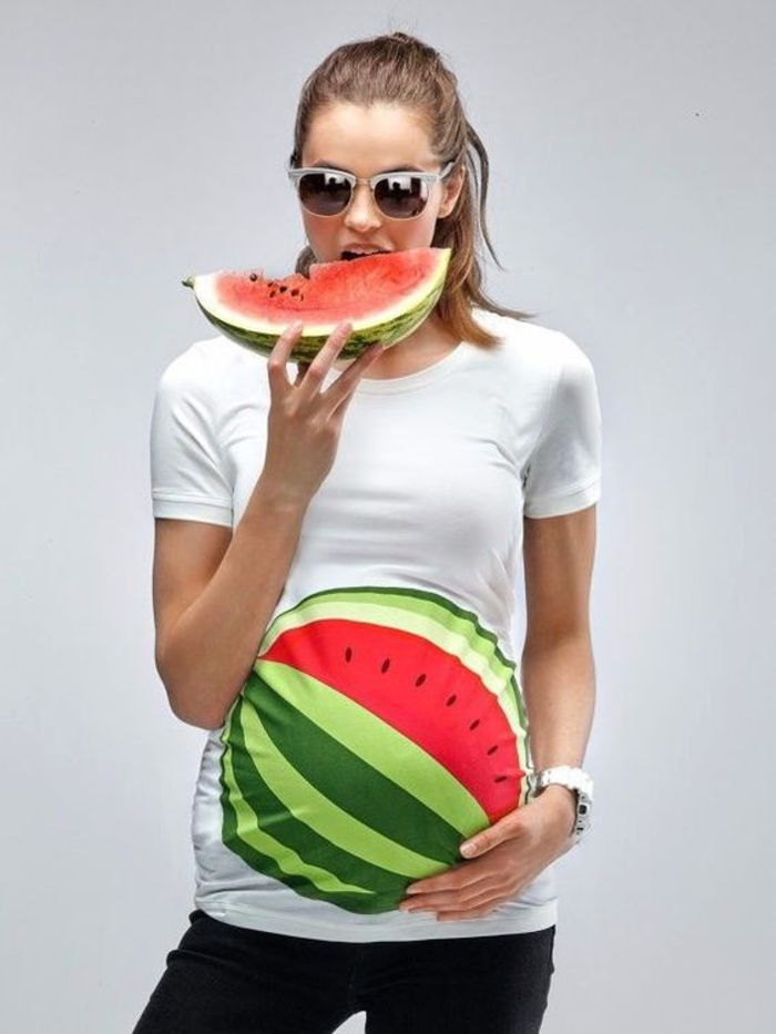 zwangerschapsmode, grappig shirt met watermeloen, wit, korte mouwen