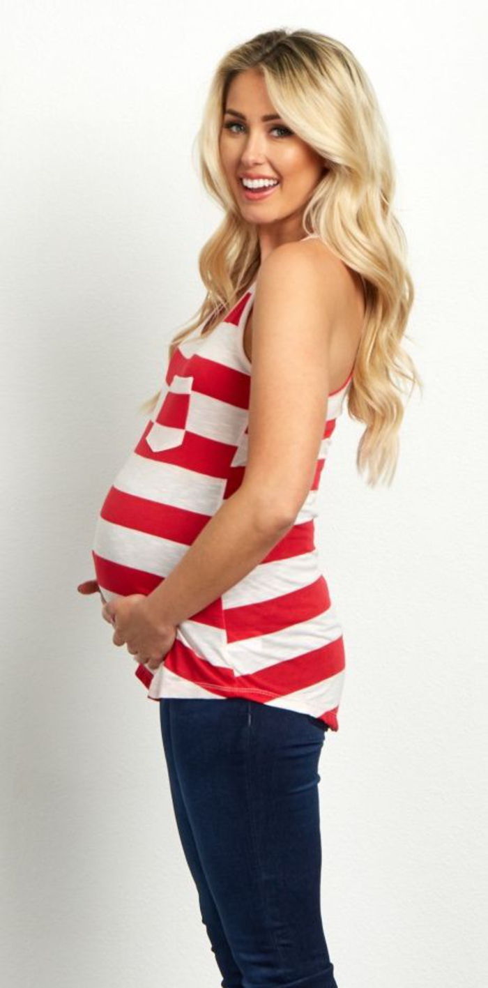 Zwangerschapskleding, shirt in rood en wit, top, lang