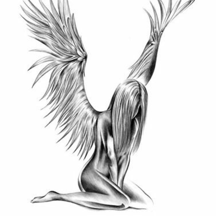 bajeczny czarny tatuaż - oto smutny anioł z białymi anielskimi skrzydłami