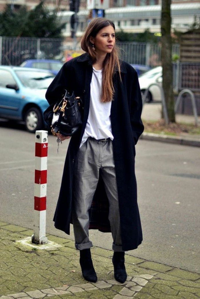 zwarte maxi-jas Dames Boyfriend jeans-grijs extravagante outfit
