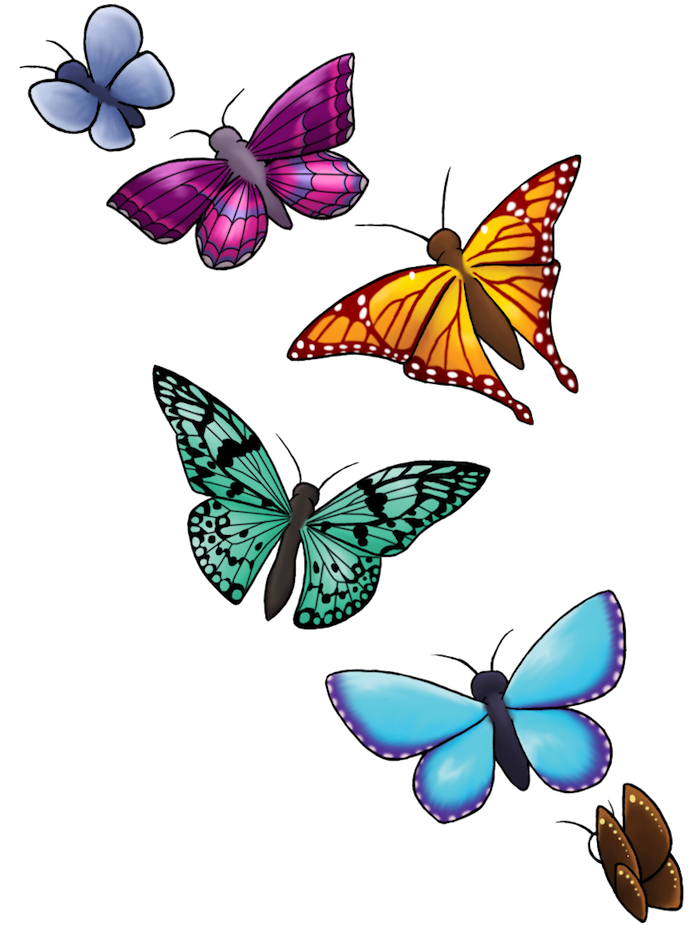 Čia rasite įvairių plaukioja šešis schmetterlinhe - mėlyna, geltona, žalia ir violetine drugelis ufliegender - skirtingas idėjas dėl 3D tatuiruotė drugelis tema