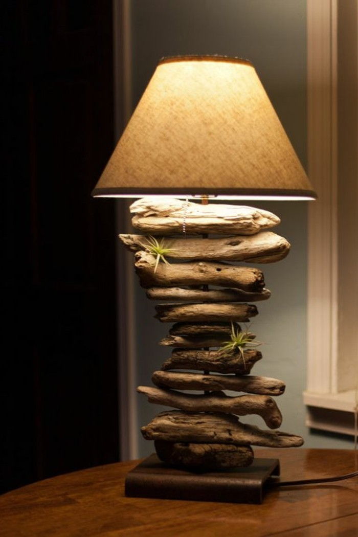 Stehlampe-off drijfhout lampenkap-groene-installatie-wooden-table-light