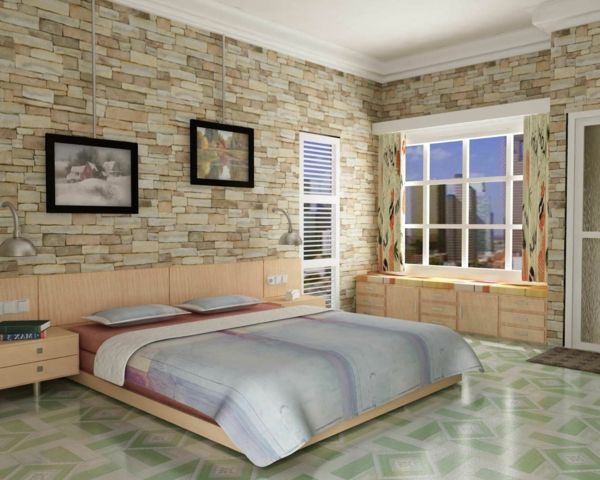 kamienne ściany w sypialni - obrazy w jasnych kolorach