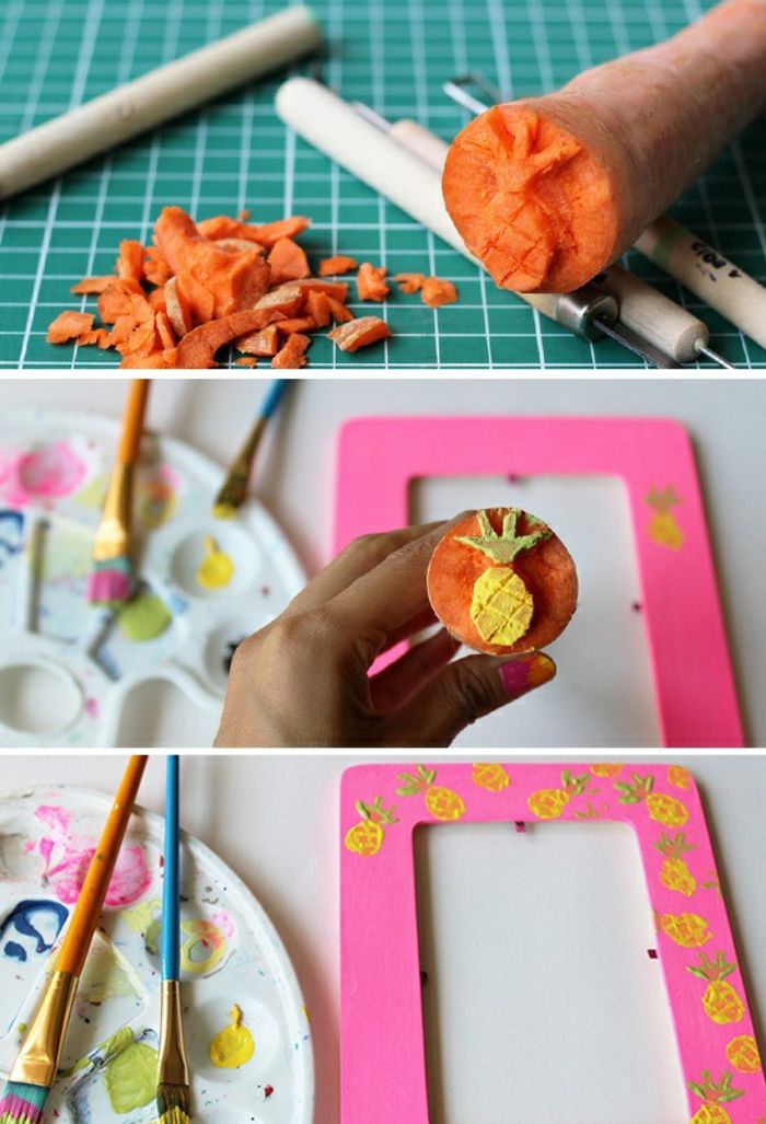 Faceți ștampilă din morcov, ananas, decorați cadrul de imagine