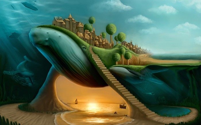 surrealistisk teckning, stor havsupplevelse, byggnader med skärpa tak