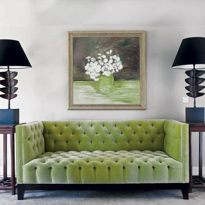 simetrična salon Chesterfield naravne zelene barve