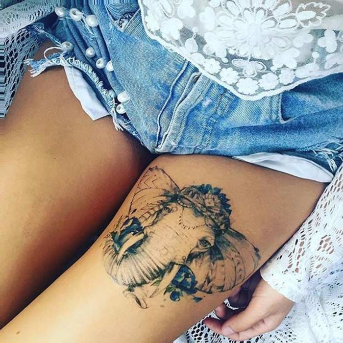 tatuiruotė ant šlaunies, kojų tatuiruotės, dramblys, tatuiruotės moterims, moterys