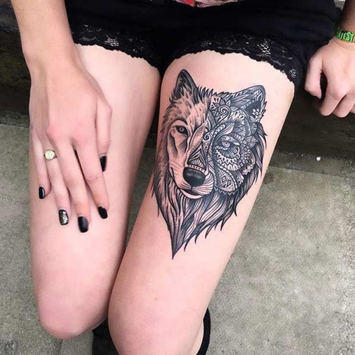 tatuiruotė ant šlaunų, vilkas, kojų tatuiruotė, tatuiruočių idėjos moterims