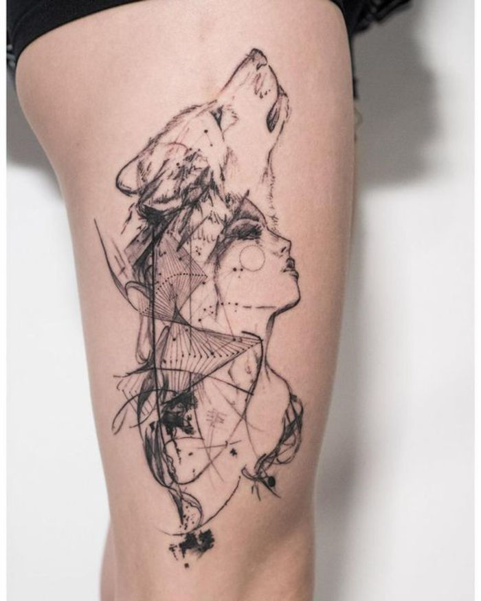 tatuiruotė ant šlaunų, vilkas, moteris, kojų tatuiruotė, tatuiruotės idėjos