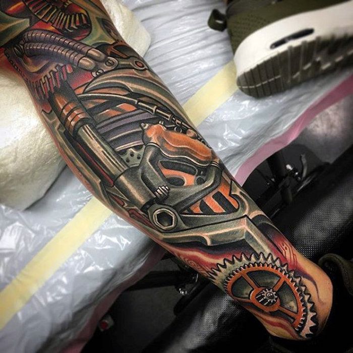 tatuiruotės šablonai vyrams, realistiška spalvota tatuiruotė ant kojos
