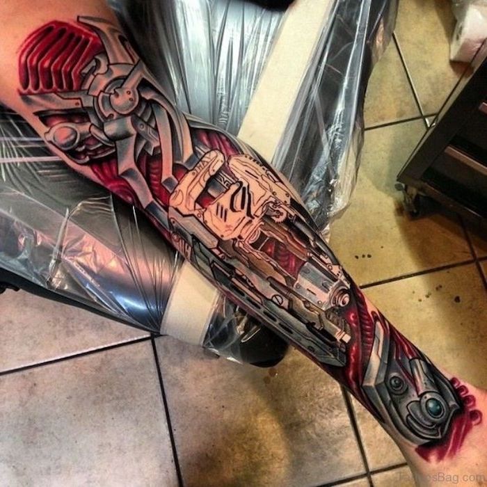perna de tatuagem, grande tatuagem 3d colorida, tatuagem de robô