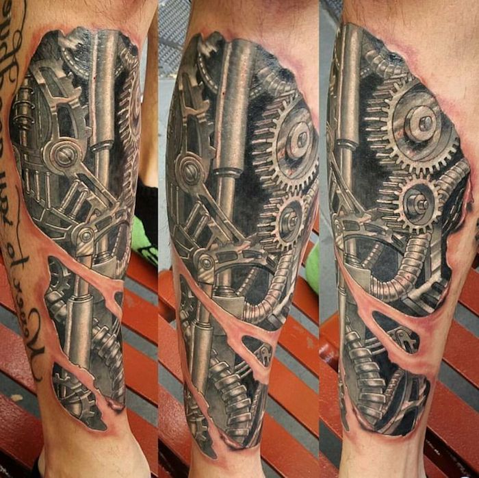perna de tatuagem, tatuagem de homem com peças de máquina, tatuagem de ciborgue