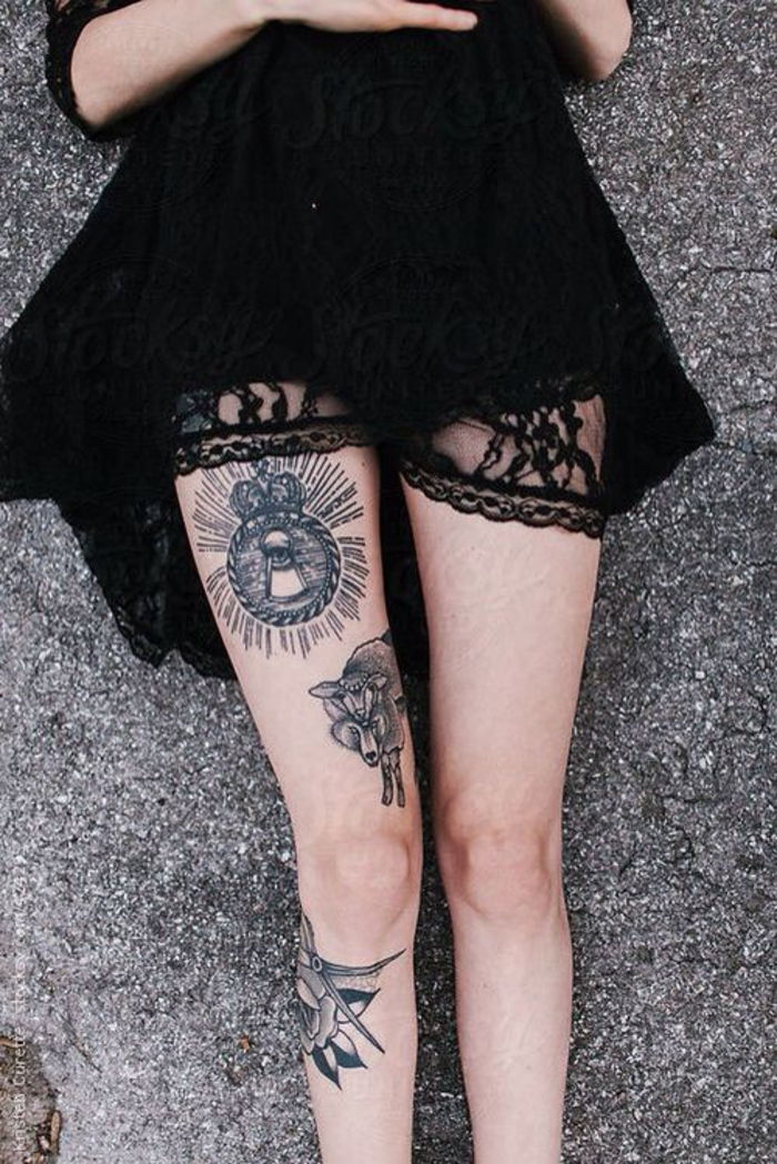 Tatuiruotės ant šlaunies, kojų tatuiruotės, tatuiruotės motyvai