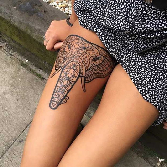 tatuiruotė ant šlaunies, dramblys, kojų tatuiruotė, tatuiruotės motyvai moterims