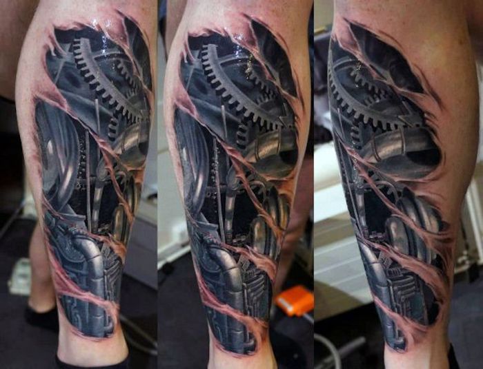 perna de tatuagem, homem com tatuagem 3d com motivo de robô