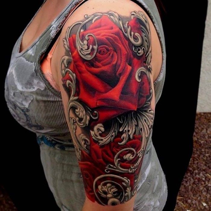 gėlių tatuiruotės moterims, moteris su didelėmis tatuiruotėmis, raudonos rožės