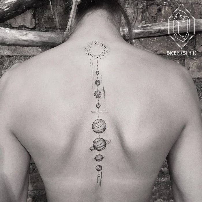 Tillbaka tatuering, solsystemet, planeter, tatueringsidéer för kvinnor, verkliga konstverk