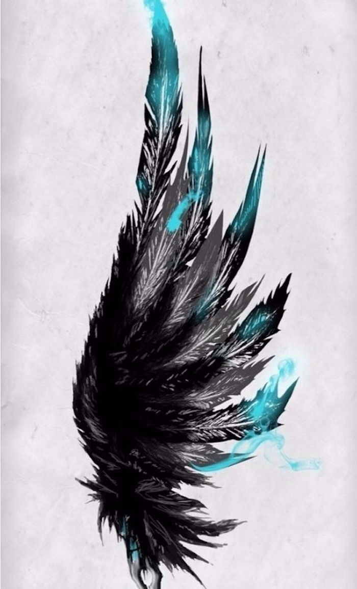 Modelo para uma tatuagem, asas com penas pretas e azuis