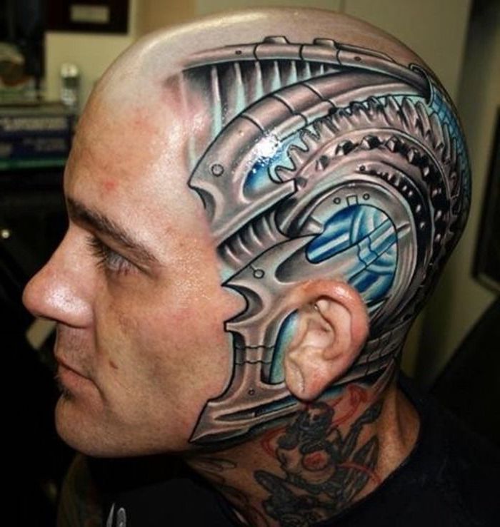 tatuaje motive bărbați, om cu tatuaj 3d pe cap