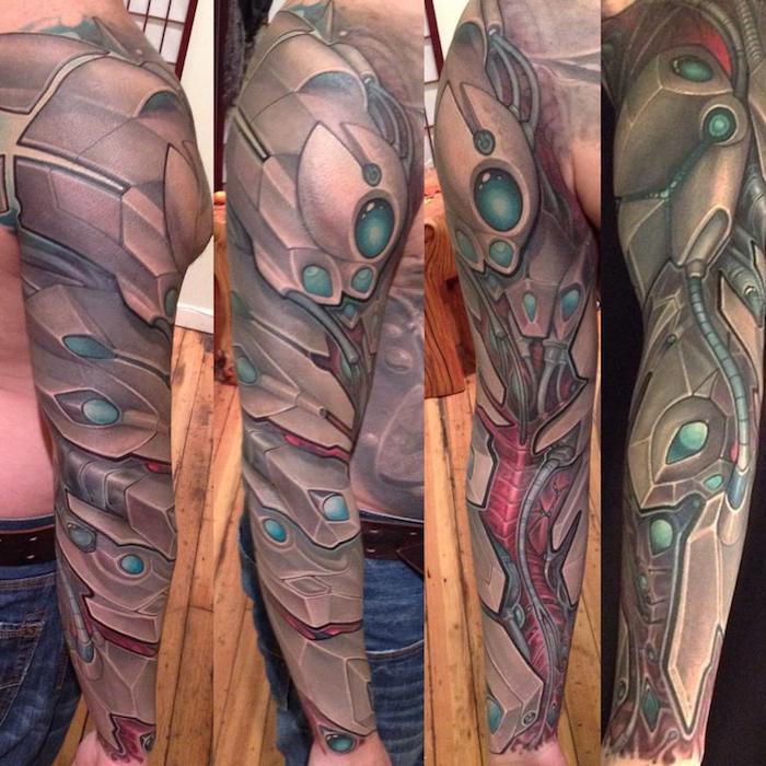 Tatuagens de homens, tatuagem de manga com motivo de máquina, tatuagem de ciborgue