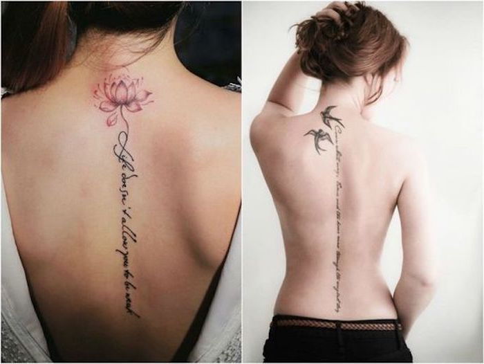Tatuagem provérbios nas costas, flor de lótus rosa, pássaros pretos
