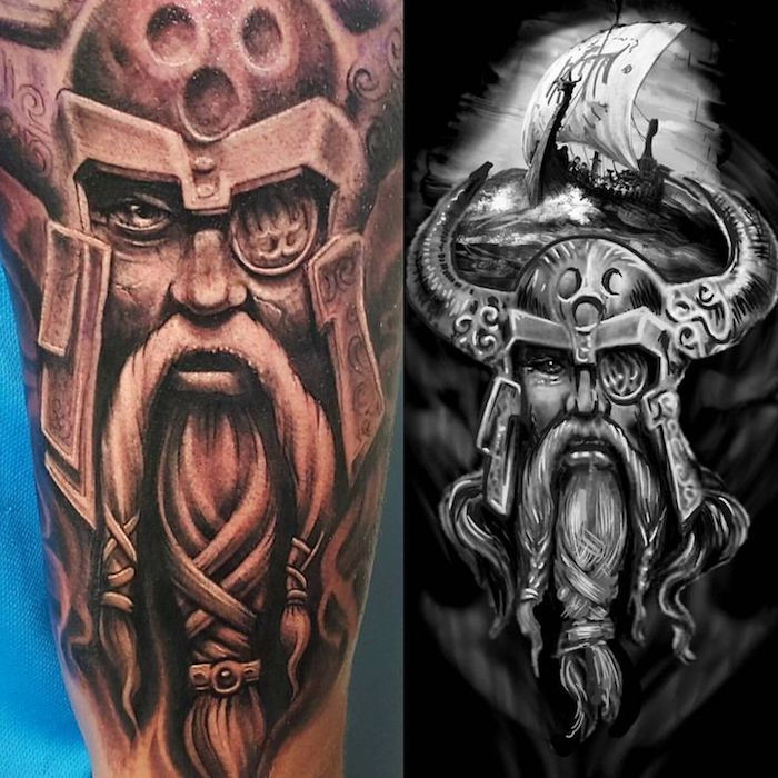 modello di tatuaggio in bianco e nero, viking, casco, barba lunga