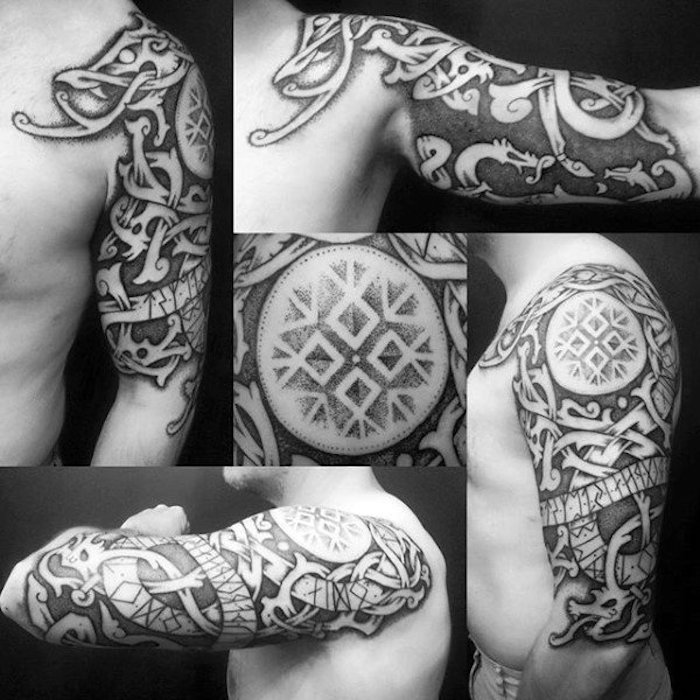 tatuaggio vichingo, tatuaggio del braccio con molti elementi, tatuaggio del braccio