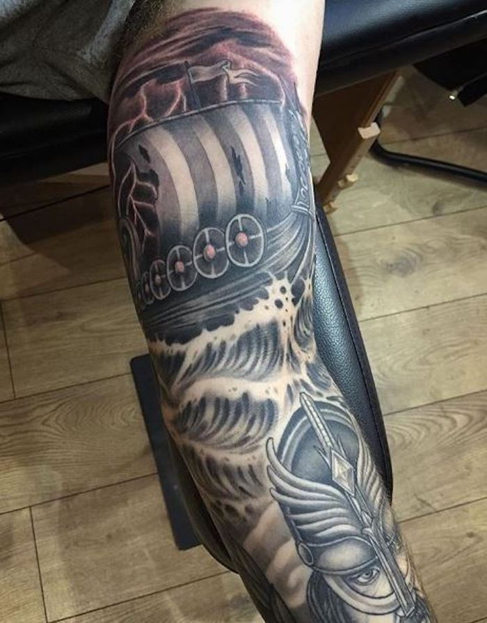 tatuaggio vichingo, nave, acqua, onde d'acqua, uomo, viking
