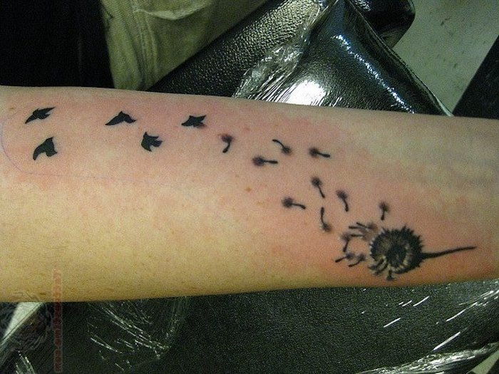 tatuering fågel, tatuering med maskros med flygande utsäde på armen