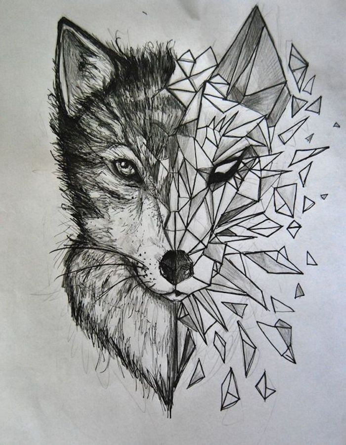 Desenho com lápis preto, lobo, tatuagem animal geométrica