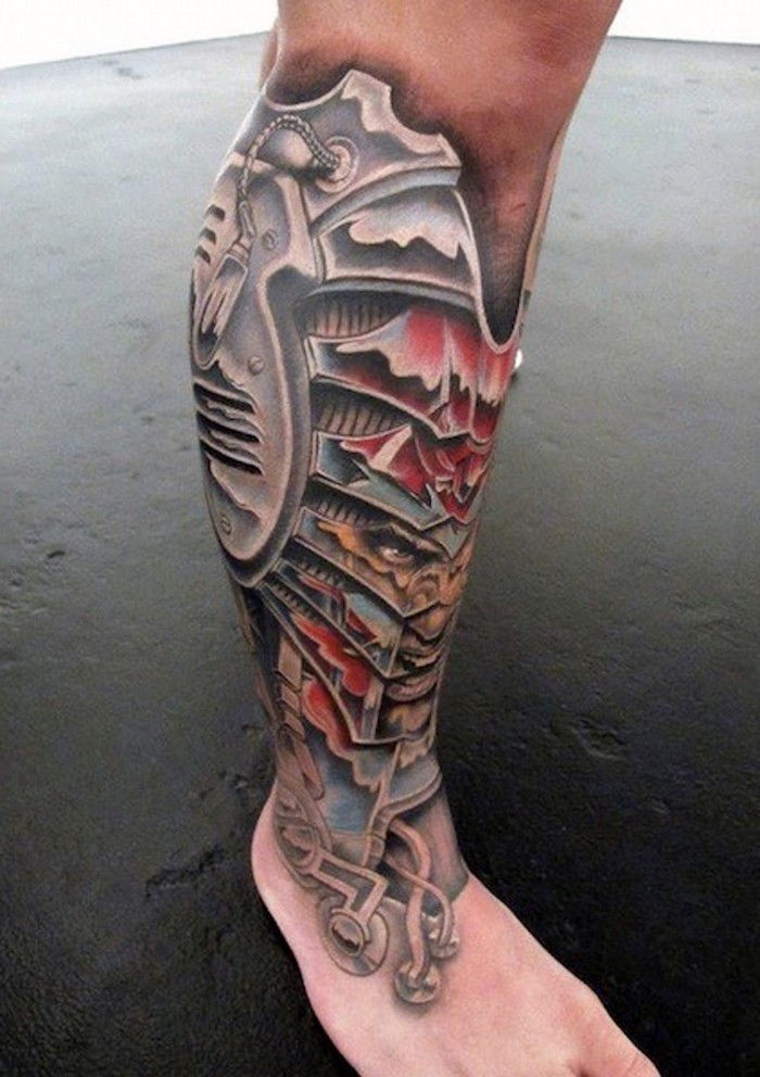 picior tatuaj, tatuaje pentru bărbați, tatuaj 3d cu piese de mașină