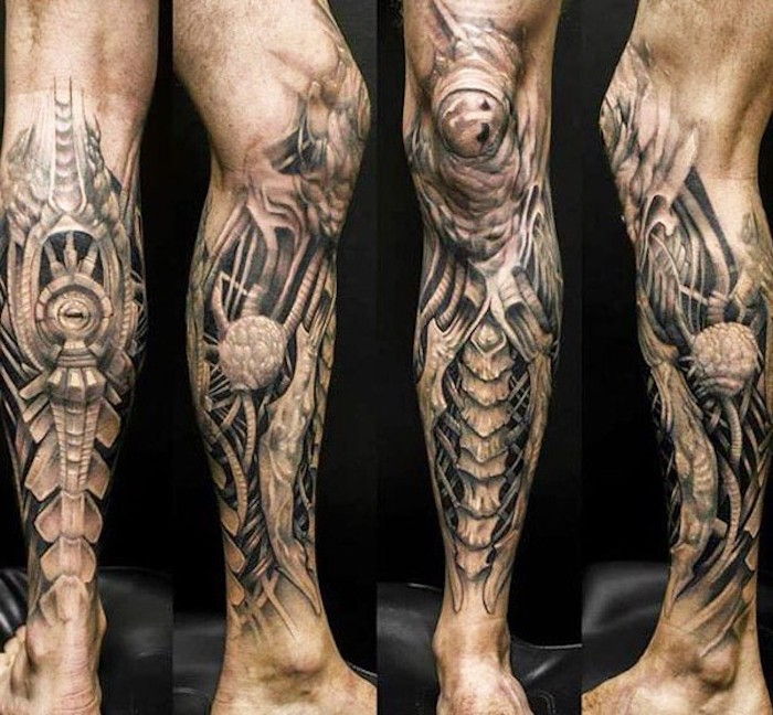 Vyrų tatuiruotes, biomasės tatuiruotes, juodos ir pilkos ant kojos