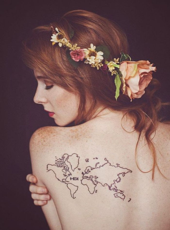 Tatueringar för äventyrare, kontinenter, tillbaka tatuering, kvinnliga motiv som ser effektiva ut