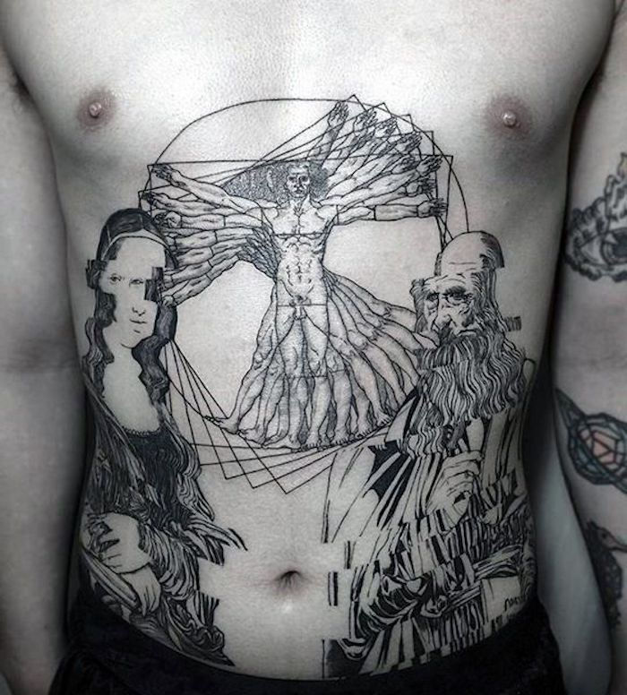Homem, com, três, barriga, tatuagens, arte, pele, ornamento, peito, sem, cabelo
