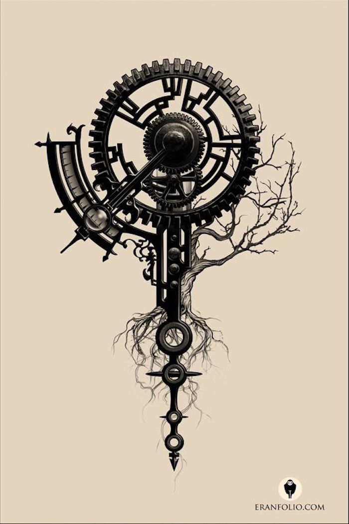 Kompas, mecanismo, pilar, árvore sem folhas com raízes longas