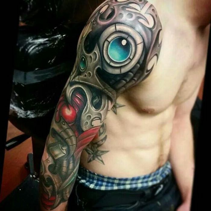 Braço de tatuagens, homem com tatuagem de manga em 3d olhar