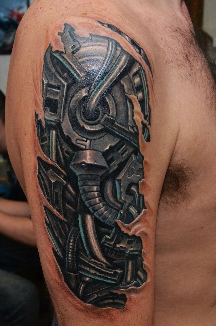 Tatuagem de braço, tatuagem preta e cinza em 3d olhar no ombro