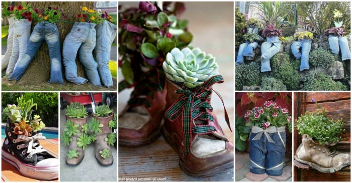 mini-flowerpots jeans och skor som blomkrukor formar deco idéer på trädet