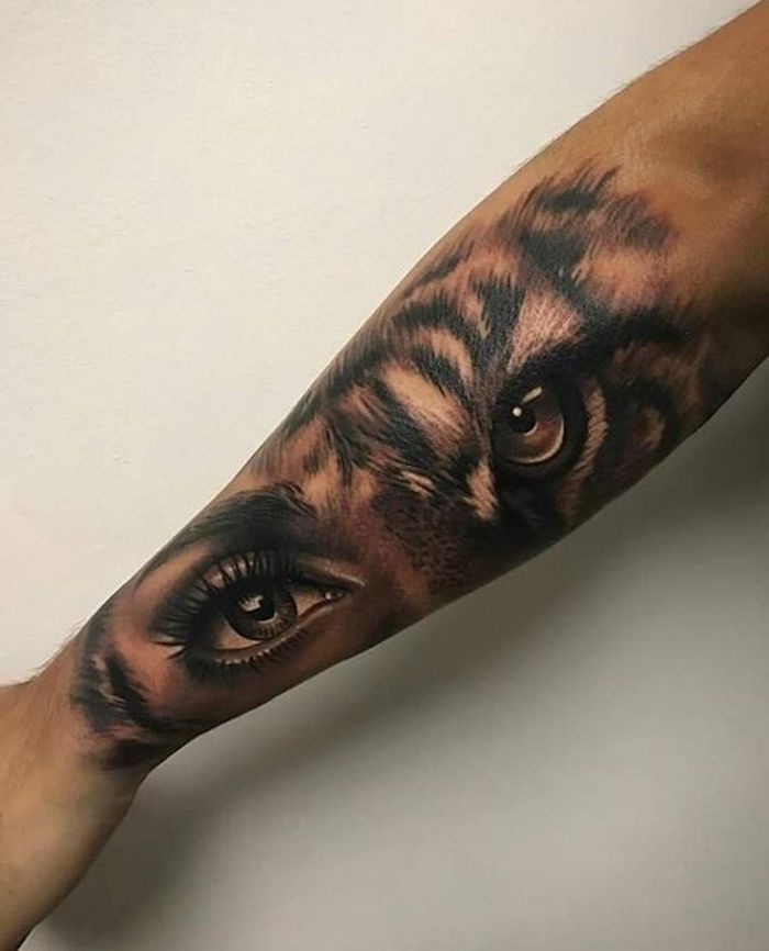 tatuagem de cabeça de tigre, tatuagem de braço, mulher, olhos, tatuagem