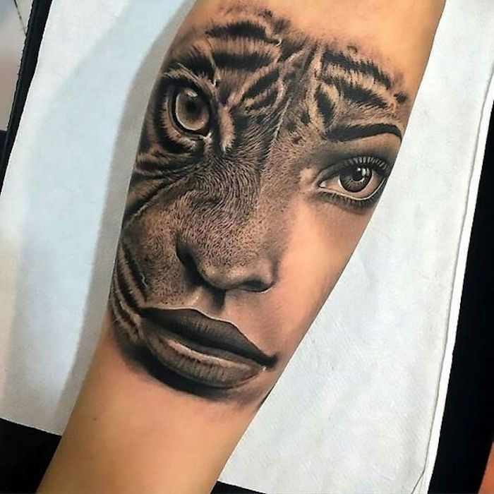 tatuagem de cabeça de tigre, tatuagem de braço, tatuagem em preto e branco, mulher