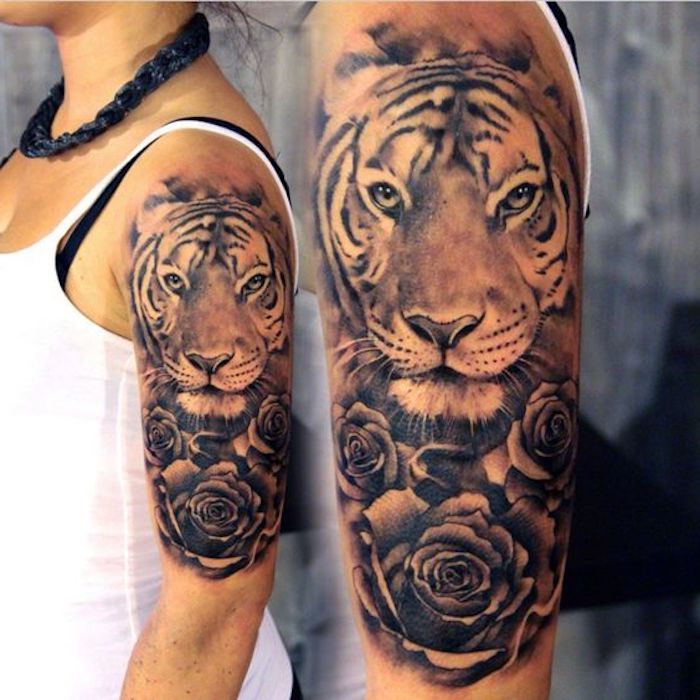 tatuagem de cabeça de tigre, rosas, colar preto, mulher, tatuagem de braço