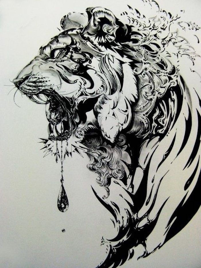 čierna a biela kresba, tiger, tetovanie šablóny, šablóny