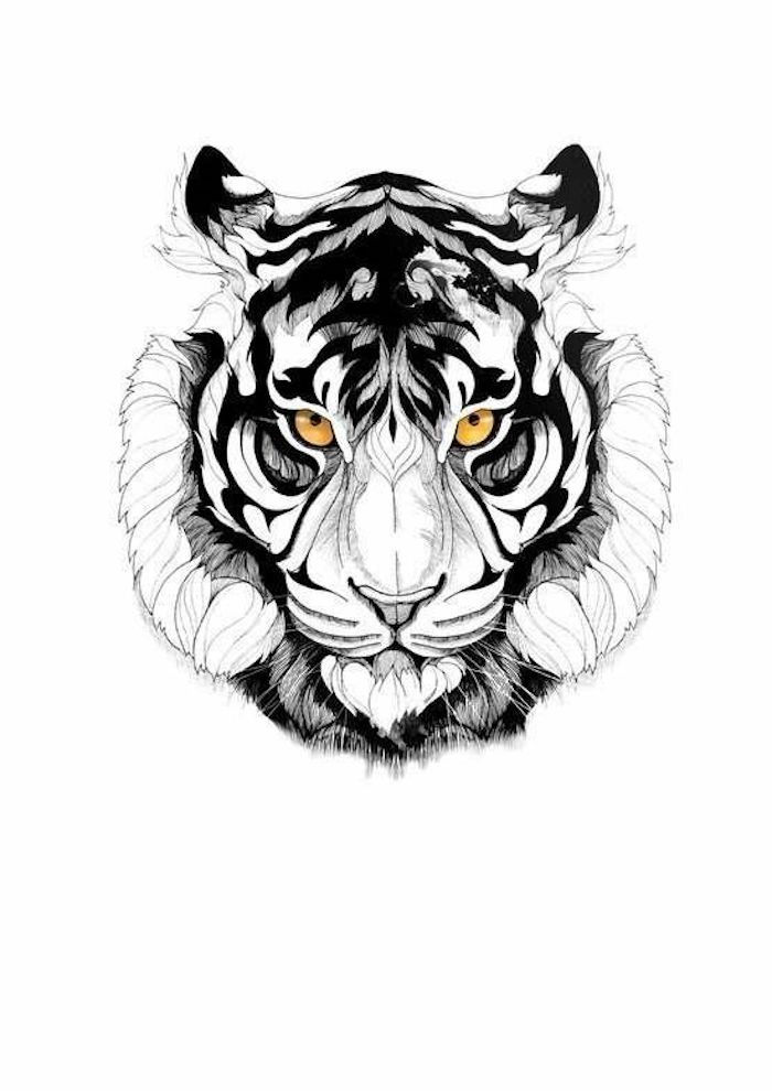 tatuagem de cabeça de tigre, olhos laranja, desenho preto e branco