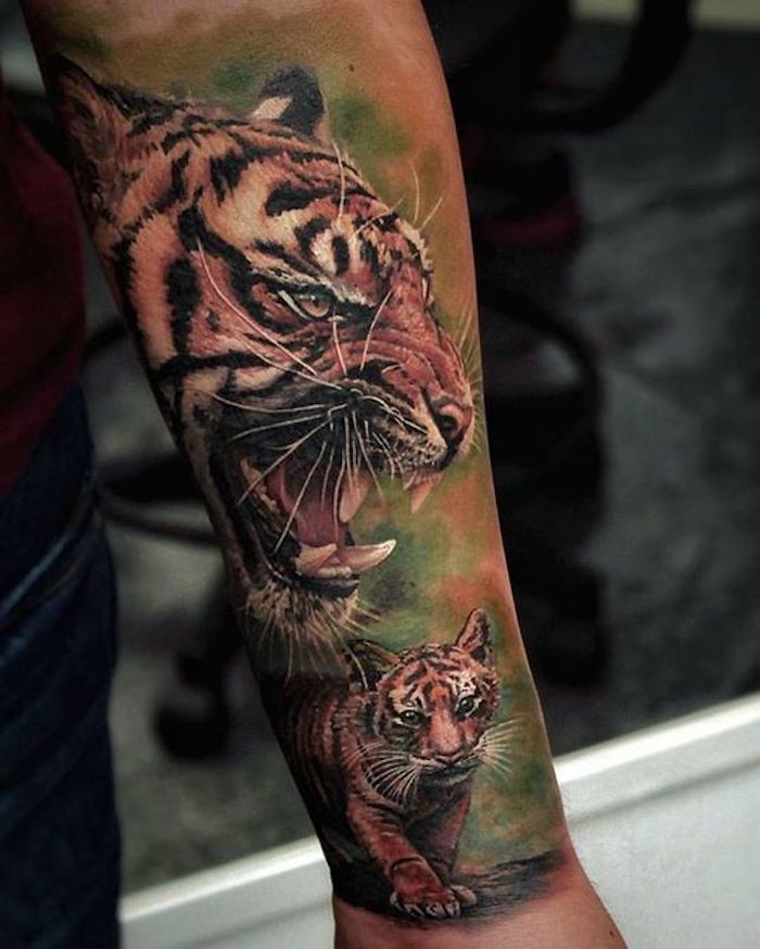 tatuagem de cabeça de tigre, tatuagem colorida, tatuagem de braço, homem