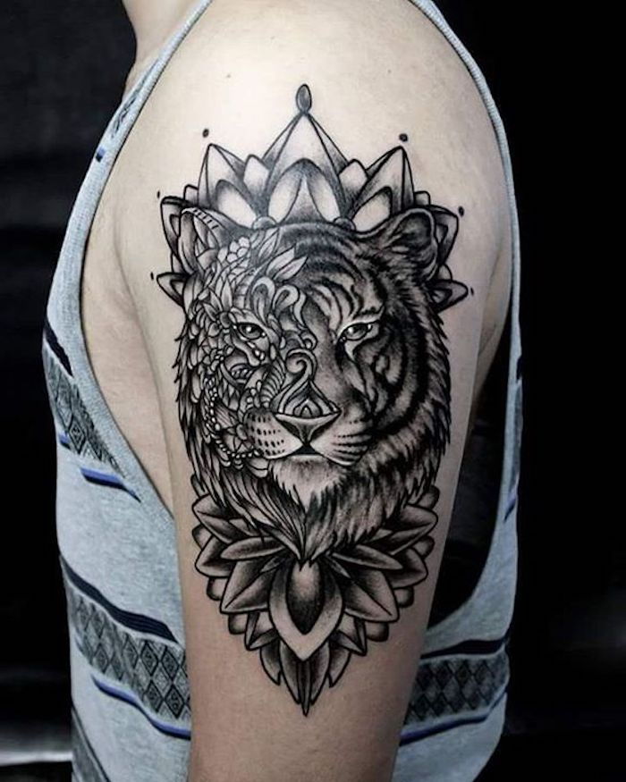 tatuagens de tigre, coroa, cabeça de tigre, homem, braço superior de tatuagem