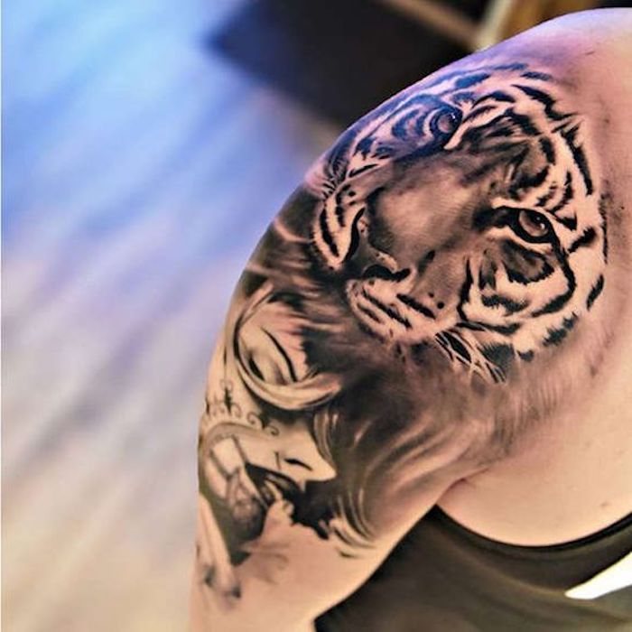 Tiger tetovanie, tiger hlava, tetovanie v čiernej a bielej
