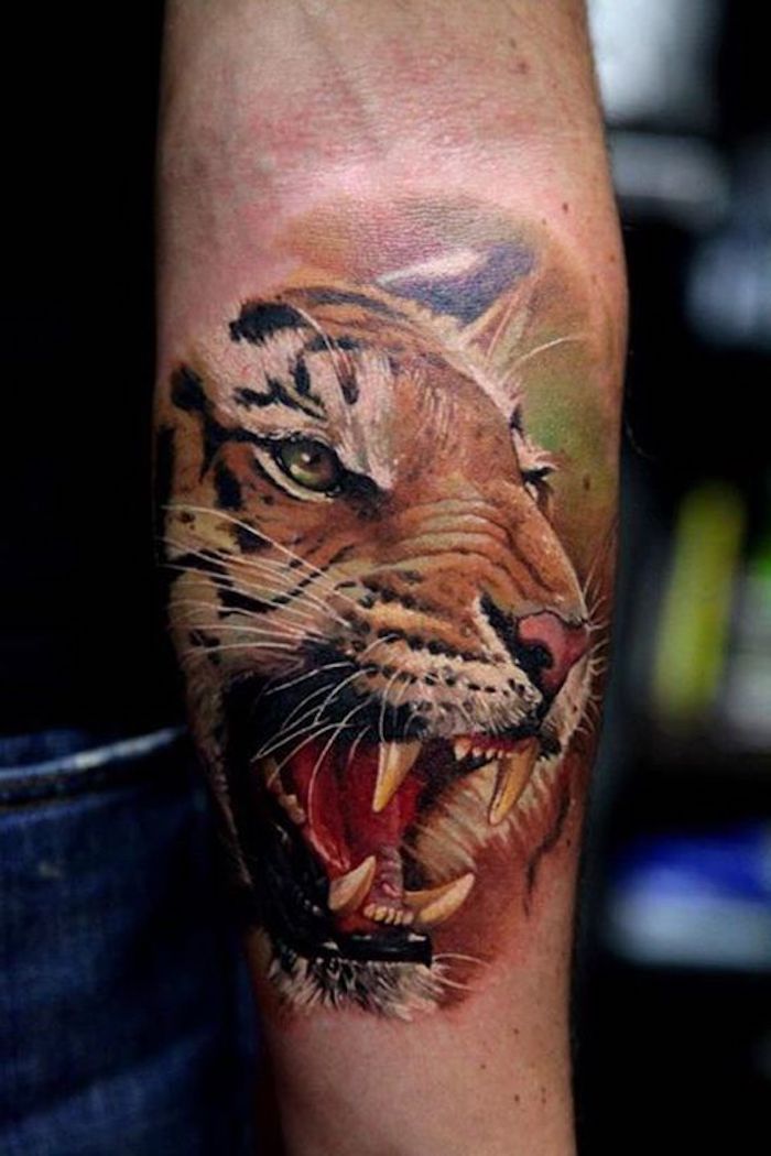 tatuagens de tigre, tatuagem de braço colorido, cabeça de tigre, tatuagem